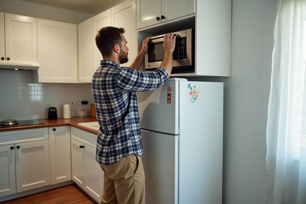 Jeune homme installant un four compact dans une cuisine