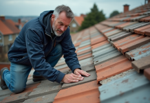Ouvrier de chantier sur le toit examinant des tuiles en béton et en terre cuite