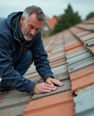 Ouvrier de chantier sur le toit examinant des tuiles en béton et en terre cuite