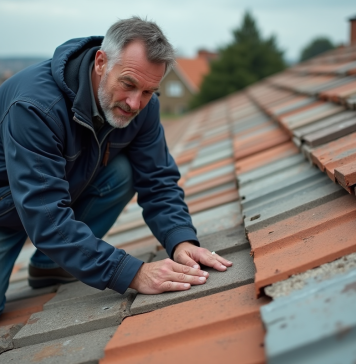 Ouvrier de chantier sur le toit examinant des tuiles en béton et en terre cuite