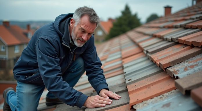 Ouvrier de chantier sur le toit examinant des tuiles en béton et en terre cuite