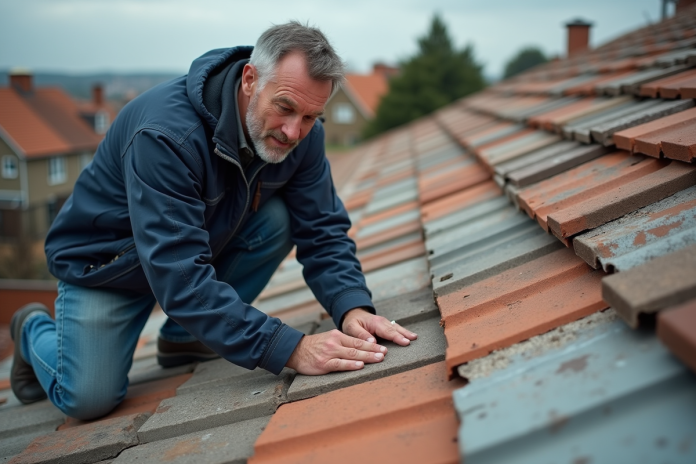 Ouvrier de chantier sur le toit examinant des tuiles en béton et en terre cuite