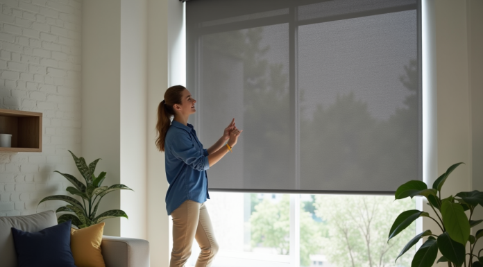 Femme posant un volet occultant dans un salon lumineux