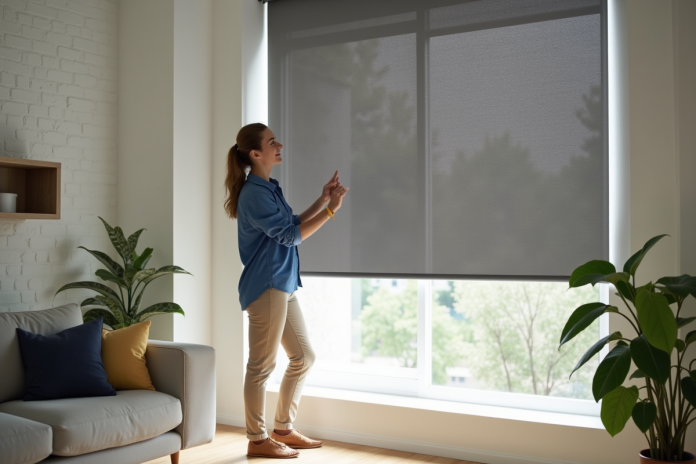 rideau-occulte-volet-rideau Femme posant un volet occultant dans un salon lumineux
