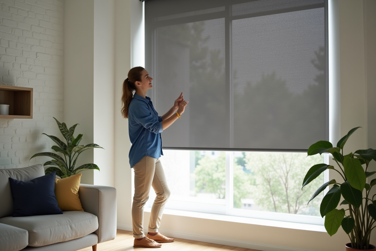 Femme posant un volet occultant dans un salon lumineux