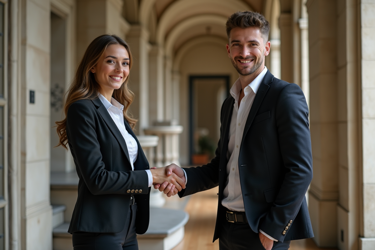Agent immobilier remet les clés à un locataire dans un immeuble ancien