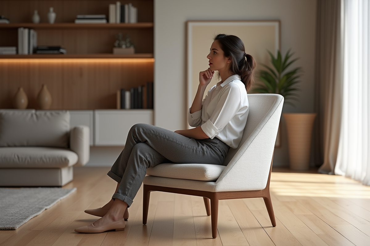 Femme assise dans un salon moderne sur une chaise design élégante