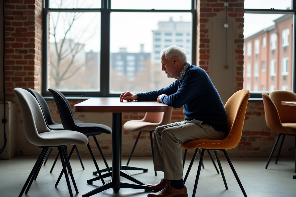 Homme âgé examinant une chaise sculpturale dans un appartement urbain
