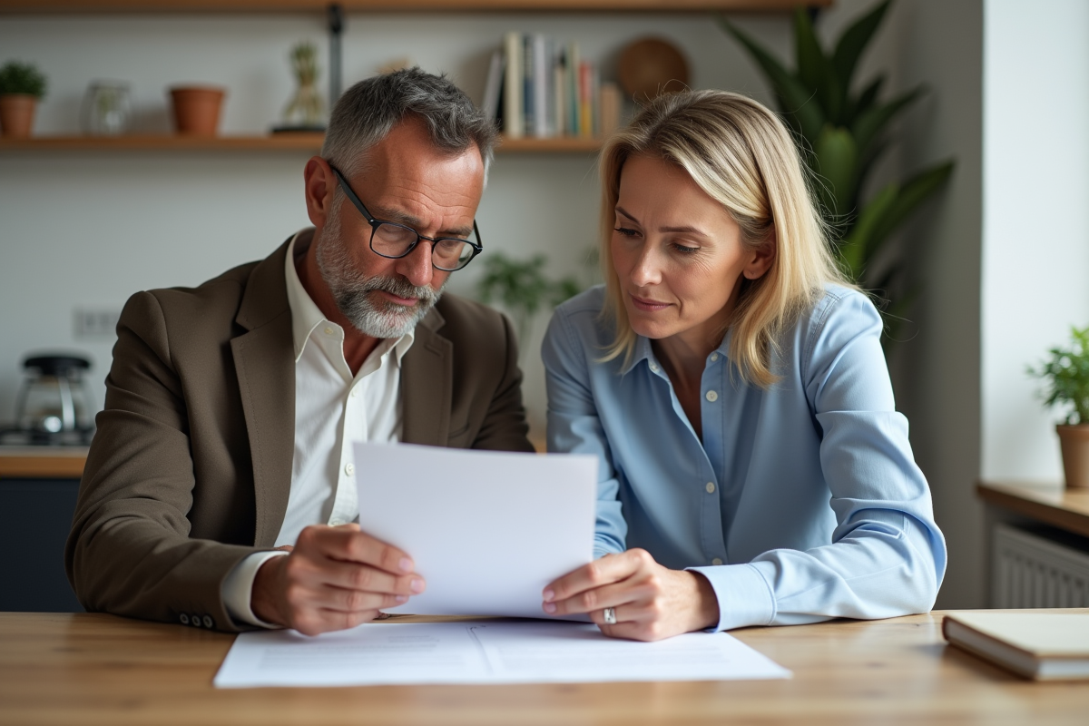 Couple français examine un contrat de location dans un appartement parisien