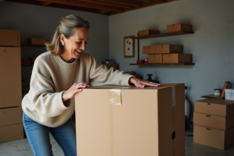 Femme d'âge moyen plie un grand carton dans un garage organisé