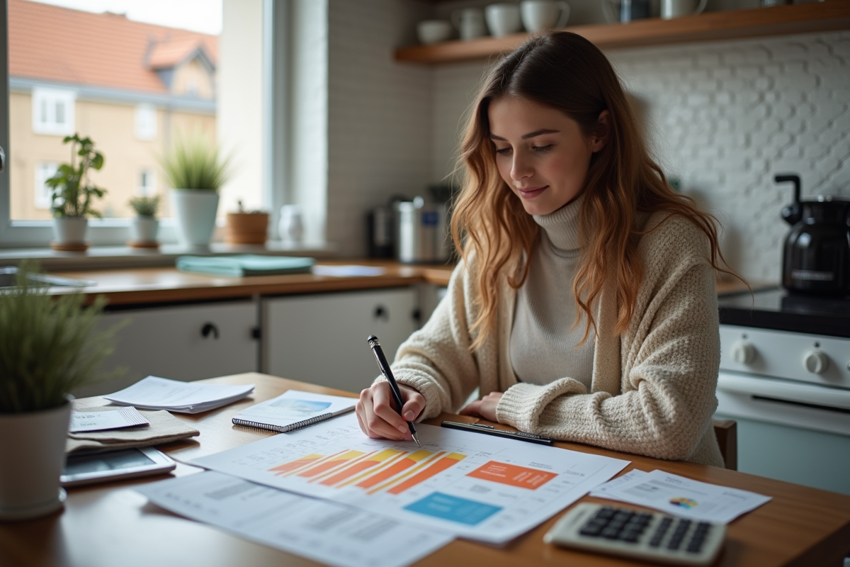 Jeune femme étudiant un comparatif de chauffages au gaz dans la cuisine
