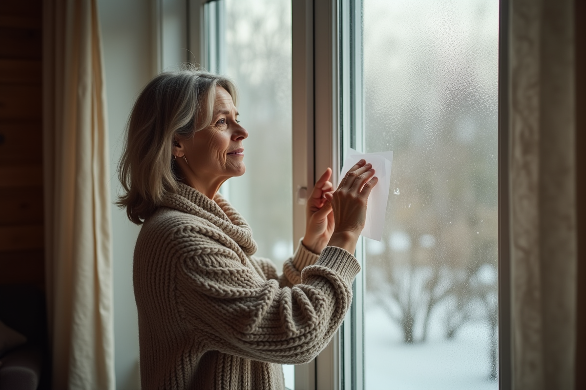 Femme isolant une grande fenêtre avec film isolant