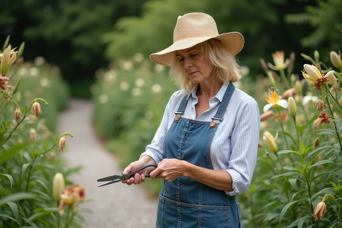 Femme en chapeau de paille et tablier en denim cueillant des lys