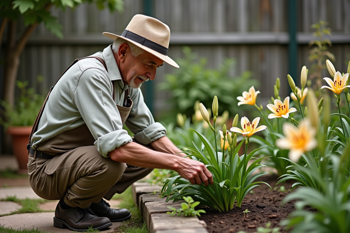 Homme âgé arrosant des lys dans un jardin paisible