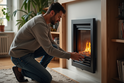 Homme d'âge moyen réglant le thermostat près d'une cheminée moderne