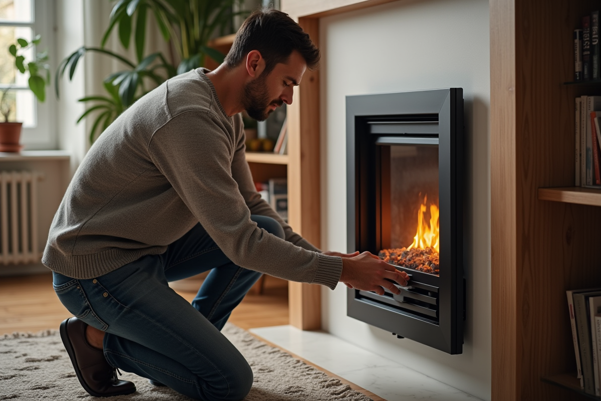 Homme d'âge moyen réglant le thermostat près d'une cheminée moderne