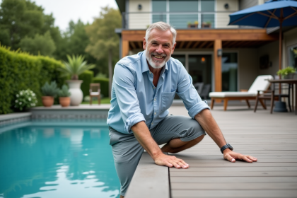 Homme souriant près d'une piscine dans un jardin