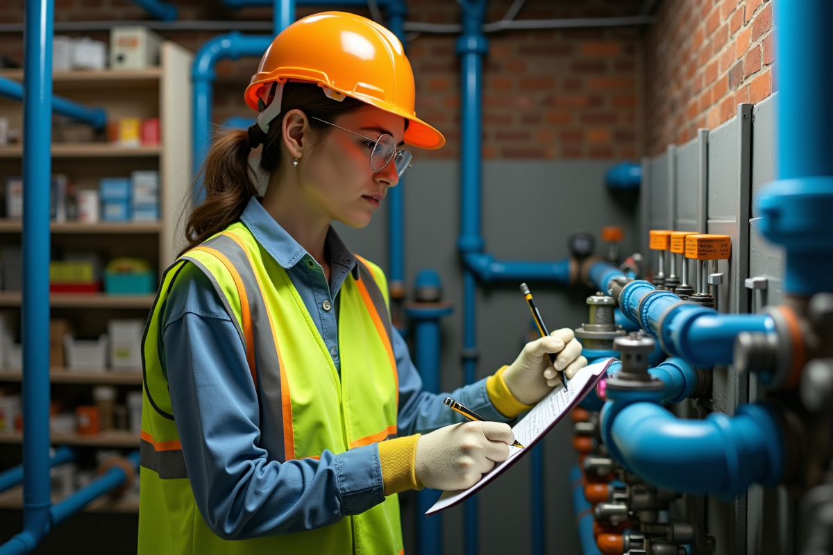 Jeune ingénieure inspectant un réseau de plomberie dans un appartement