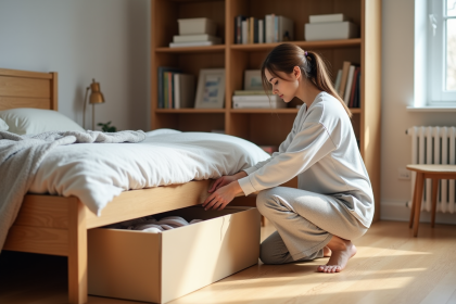 Jeune femme arrangeant des boîtes sous un lit moderne