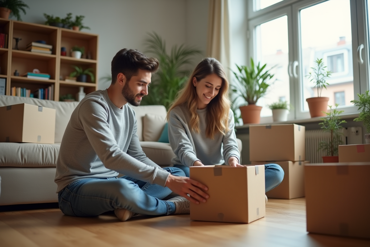 Jeune couple en déménagement dans un salon chaleureux