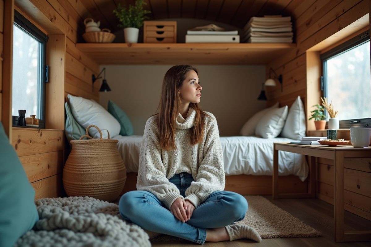 Femme pensante dans une petite maison chaleureuse