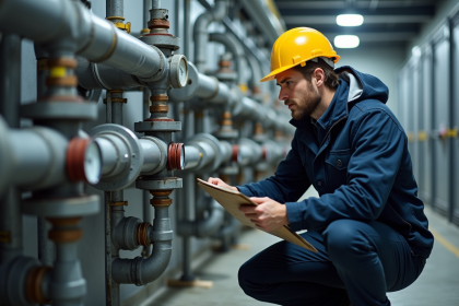 Technicien industriel examinant un manomètre dans une salle moderne
