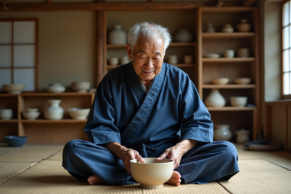 Artisan japonais en indigo créant une céramique artisanale