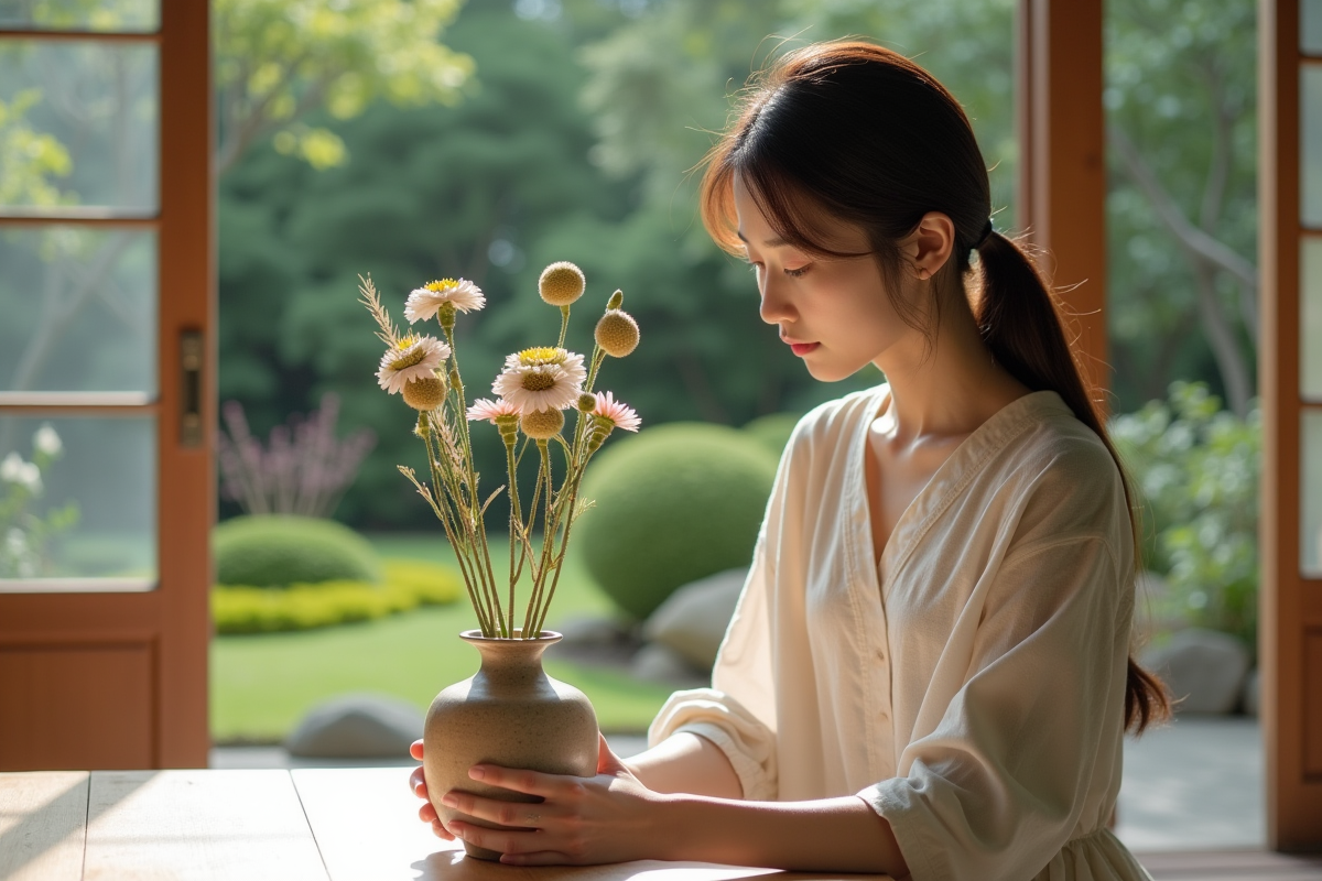 Jeune femme japonaise arrangeant des fleurs ikebana dans un vase
