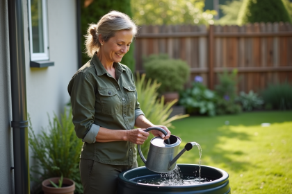 Femme pratique collectant de l'eau de pluie dans le jardin