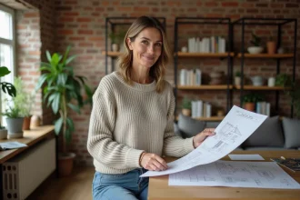 Femme étudie des matériaux écologiques pour rénovation