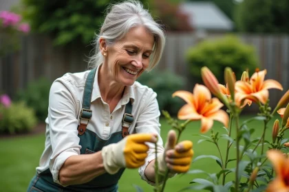 Femme en jardinage retirant des lys fanés dans un jardin
