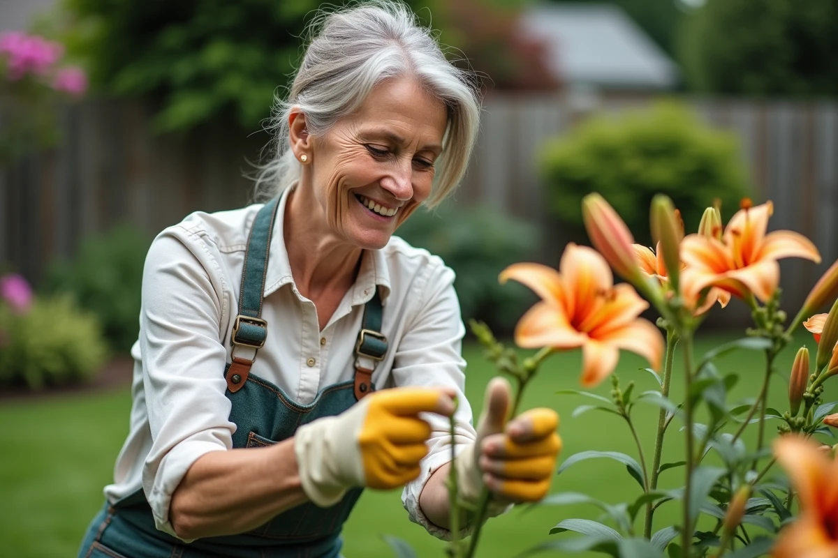 Femme en jardinage retirant des lys fanés dans un jardin
