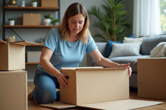 Femme plie des cartons dans un salon moderne et cosy