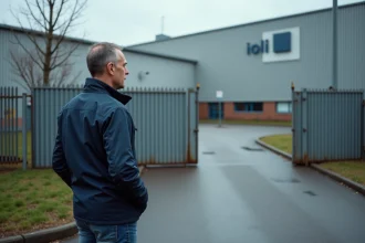 Homme d'âge moyen devant la ferme industrielle Isol1 à Mayenne