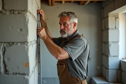Hommes en overalls mesurant un mur en briques avec un mètre