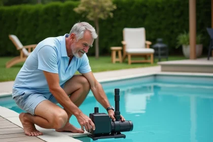 Homme d'âge moyen ajustant la pompe de piscine extérieure