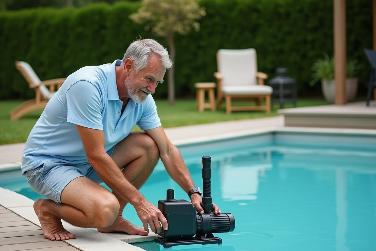 Homme d'âge moyen ajustant la pompe de piscine extérieure