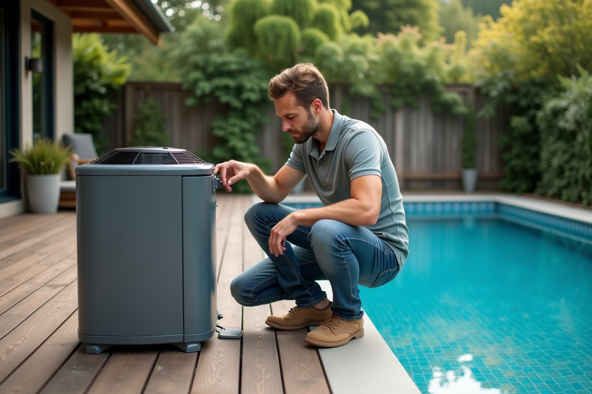 Homme vérifiant la pompe à chaleur de la piscine extérieure