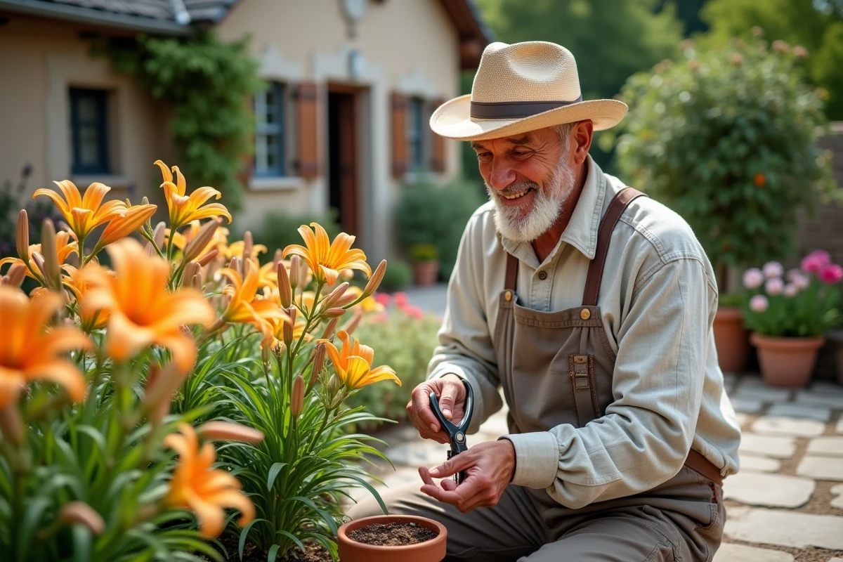 Homme âgé taillant des lys dans un patio rural