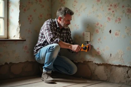 Homme d'âge moyen inspectant une prise ancienne dans une maison vintage