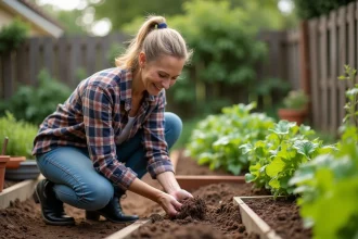 Femme au jardin en train de saupoudrer compost sur des légumes