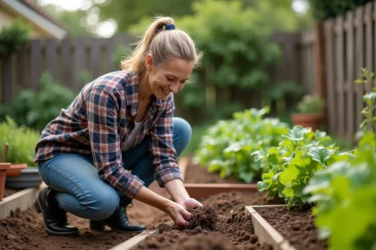 Femme au jardin en train de saupoudrer compost sur des légumes