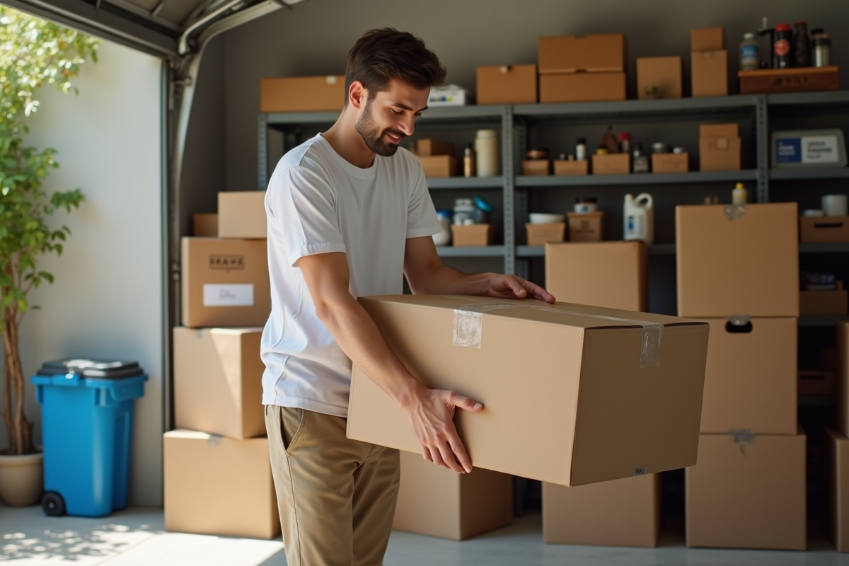 Jeune homme plie un carton dans un garage lumineux