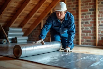 Ouvrier en overalls posant isolation triso noir dans un grenier