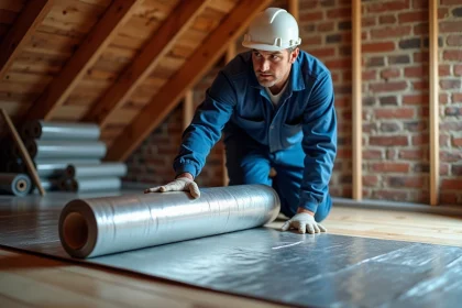 Ouvrier en overalls posant isolation triso noir dans un grenier