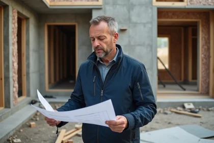 Architecte homme étudie plans sur chantier en construction