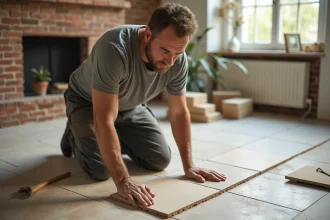 Ouvrier carreleur posant une dalle beige dans un intérieur moderne