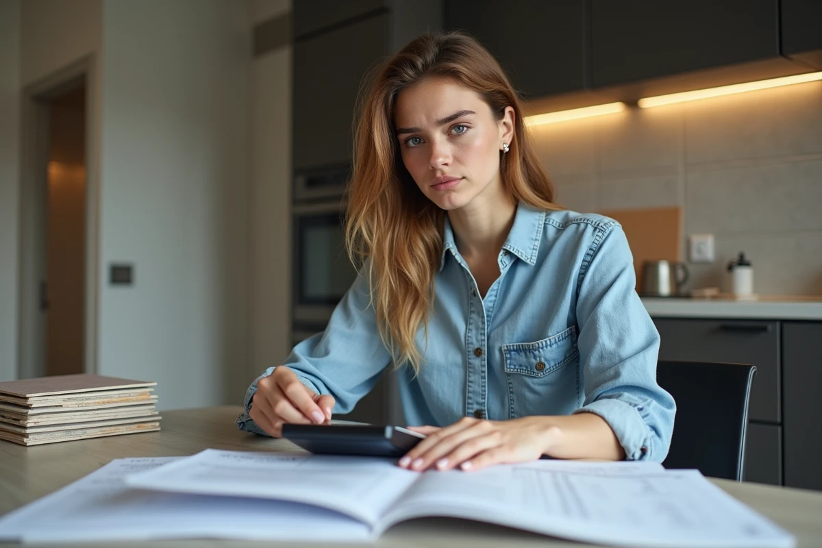 Jeune femme examinant des devis et échantillons de carrelage