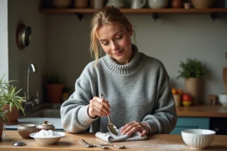 Femme nettoyant un argent tarnie dans une cuisine chaleureuse