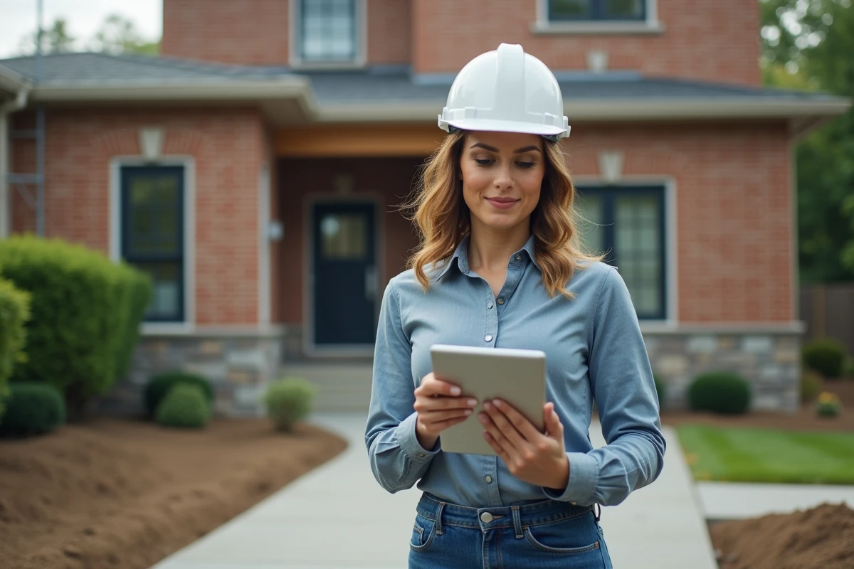 Femme en tenue professionnelle consulte un entrepreneur sur un chantier de renovation